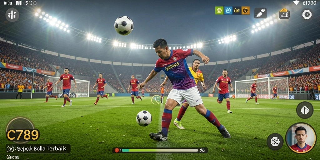 Screenshot gameplay C789 yang menunjukkan aksi pertandingan sepak bola.