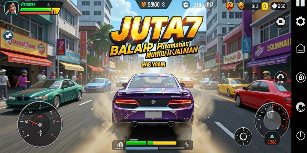Screenshot utama gameplay <strong>JUTA7</strong> dengan aksi balapan seru.