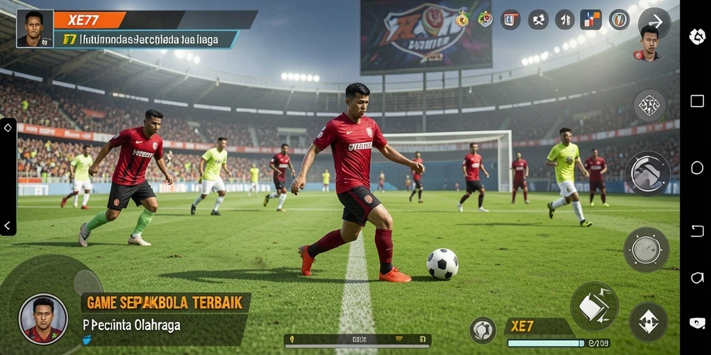 Screenshot gameplay XE77 yang menunjukkan aksi intens di lapangan sepakbola.