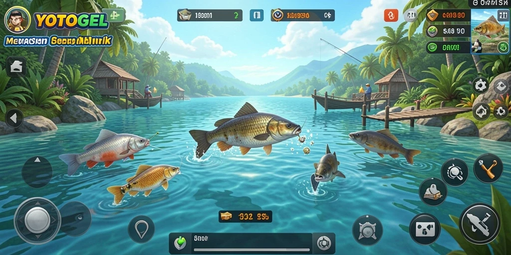 Screenshot gameplay YOTOGEL yang menunjukkan serunya memancing di lokasi indah.